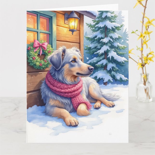 Watercolor Bergamasco Shepherd Cabin Christmas Card (Yellow Flower)