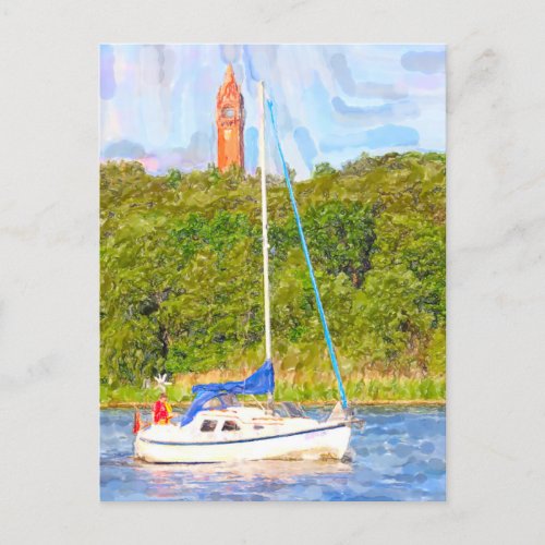Watercolor Berlin Grunewald tower and boat Havel Postcard
