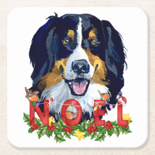 Watercolor Bernese Mountain Dog Christmas Square Paper Coaster