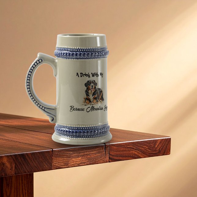 Watercolor BERNESE Mountain Dog Personalize Beer Stein (Watercolor Stein Personalize, Make This Bernese Mountain Design Your own.)