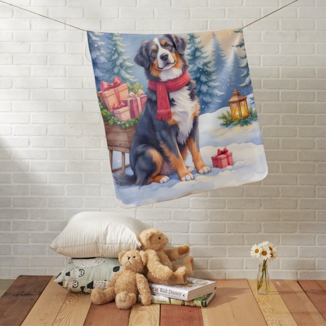Watercolor Bernese Mountain Dog Sleigh Christmas Baby Blanket (In Situ)