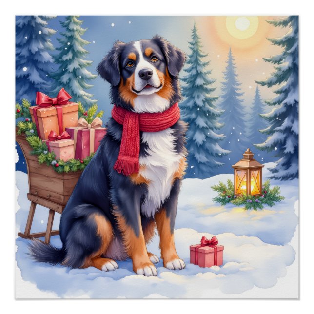 Watercolor Bernese Mountain Dog Sleigh Christmas Poster (Front)