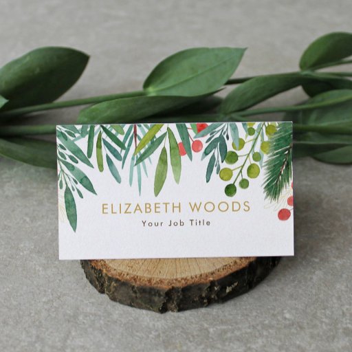 Customizable Watercolor Berries and Branches Greenery  Business Card