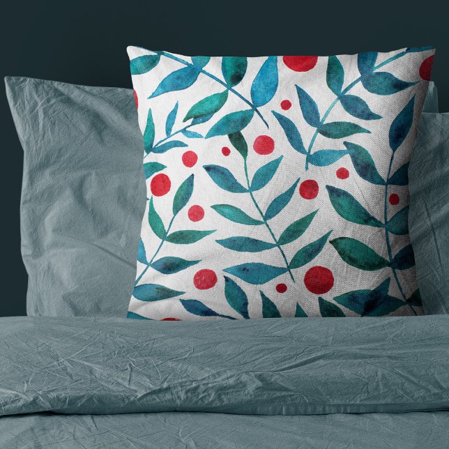 Watercolor berries and branches - teal and red throw pillow (Creator Uploaded)