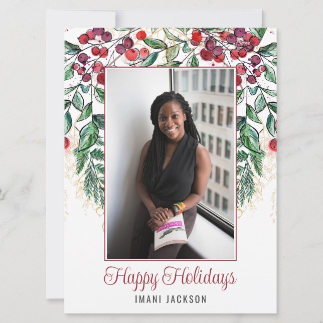 Watercolor Berries and Evergreen Photo Christmas  Holiday Card (Front)