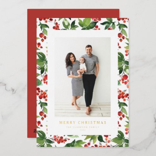 Watercolor Berries and Greenery Christmas Photo Foil Holiday Card