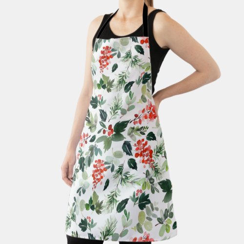 Watercolor Berries and Greenery Holiday Pattern Apron