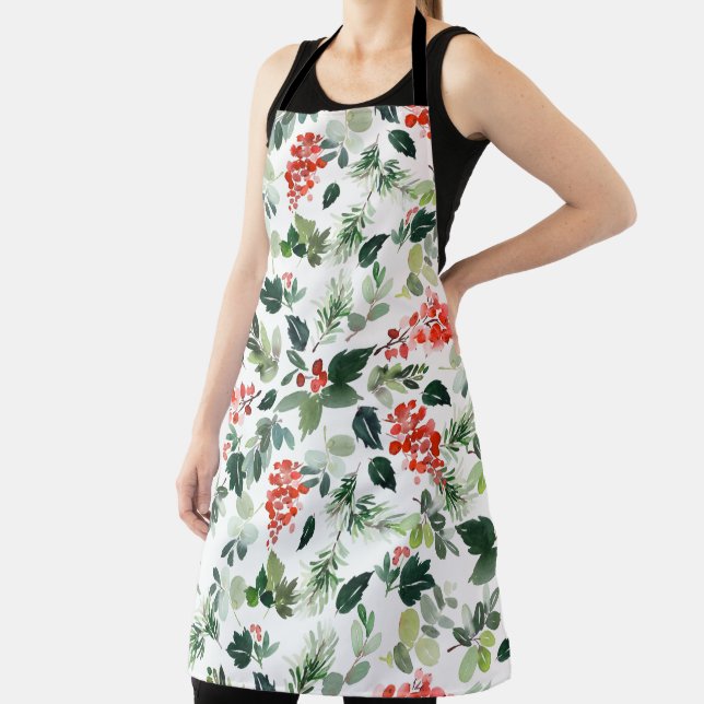 Watercolor Berries and Greenery Holiday Pattern Apron (Insitu)