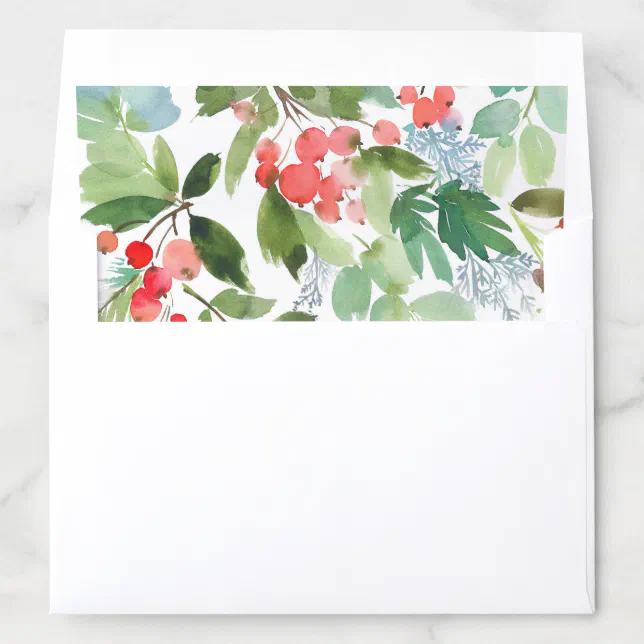 Watercolor Berries and Greenery Pattern Holiday Envelope Liner | Zazzle