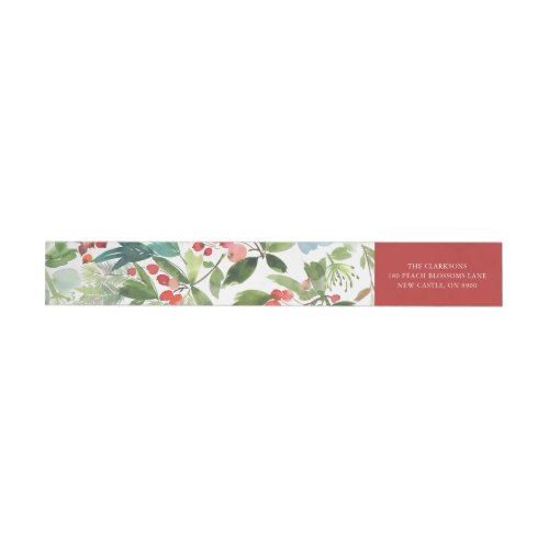 Watercolor Berries and Greenery Pattern Holiday Wrap Around Label
