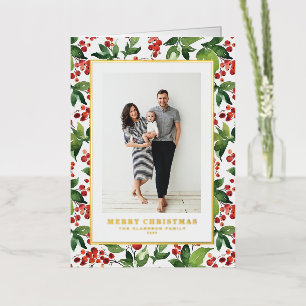 Watercolor Berries and Greenery Photo Christmas Foil Holiday Card