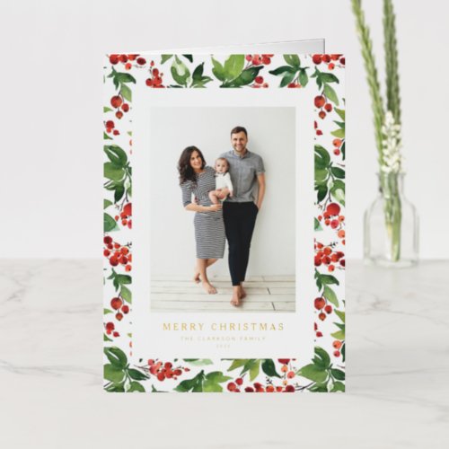 Watercolor Berries and Greenery Photo Christmas Foil Holiday Card
