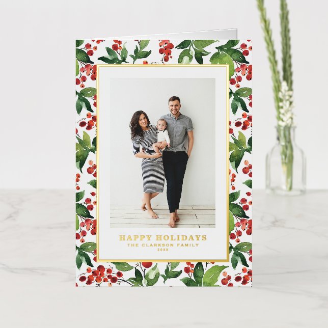Watercolor Berries and Greenery Photo Foil Holiday Card (Flower)
