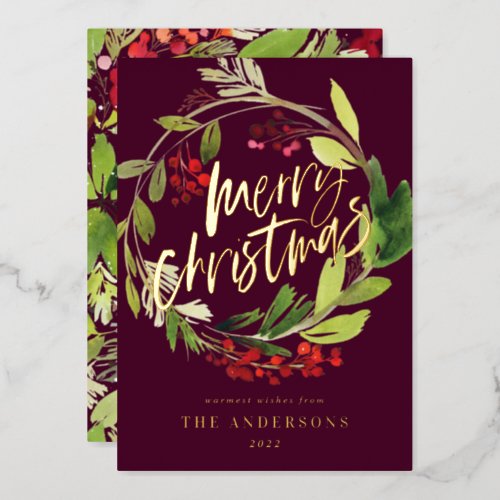 Watercolor Berries and Greenery Wreath Christmas Foil Holiday Card