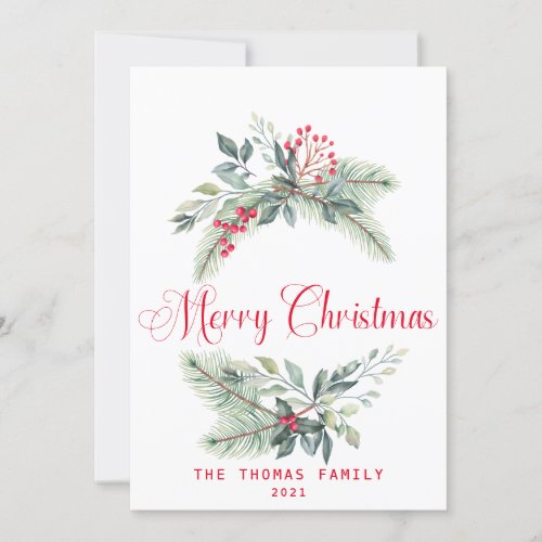 Watercolor Berries And Greenery Wreath Christmas Holiday Card