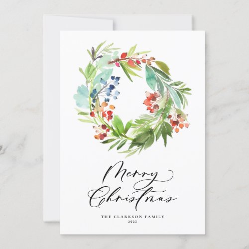 Watercolor Berries and Greenery Wreath Christmas Holiday Card