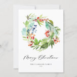 Watercolor Berries and Greenery Wreath Christmas Holiday Card<br><div class="desc">Merry Christmas! Send holiday greetings and message to family and friends with this elegant holiday photo card. It features watecolor illustrations berries and greenery wreath. Personalize this flat card by adding names,  year and message. Choose between a wide array of paper types. Matching items are available.</div>