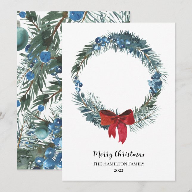 Watercolor Berries and Greenery Wreath Christmas Invitation (Front/Back)