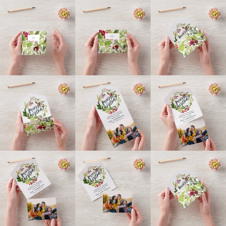 Watercolor Berries and Greenery Wreath Holiday All In One Invitation