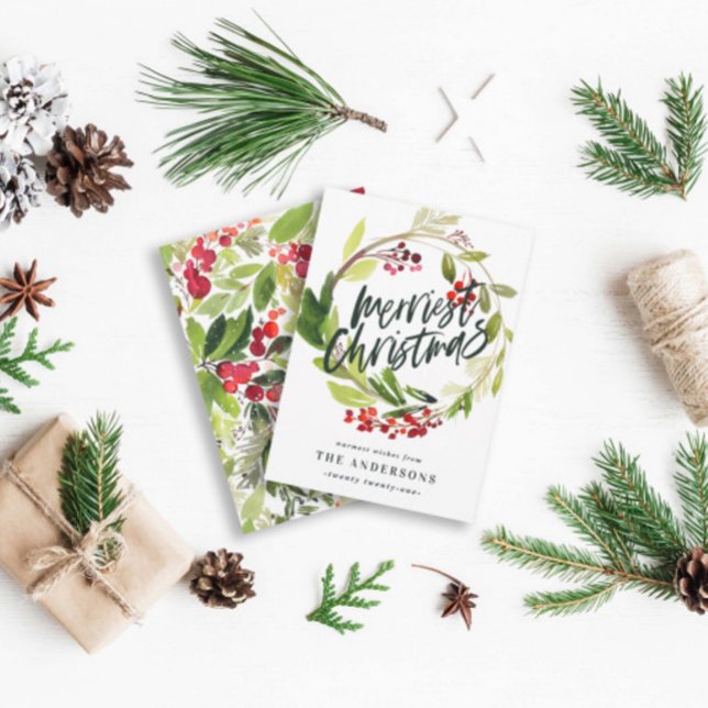 Watercolor Berries and Greenery Wreath Holiday Card (Creator Uploaded)
