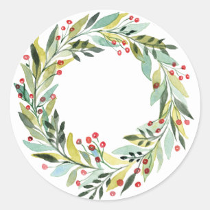 Watercolor Berries and Greenery Wreath Holiday Classic Round Sticker