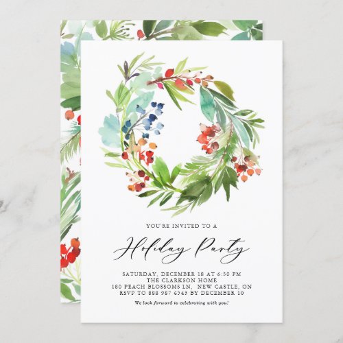 Watercolor Berries and Greenery Wreath Holiday Invitation