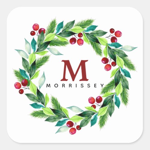 Watercolor Berries and Hollies Wreath Monogram Square Sticker