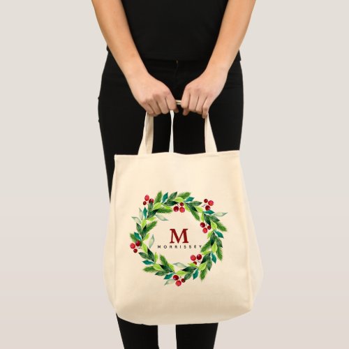 Watercolor Berries and Hollies Wreath Monogram Tote Bag