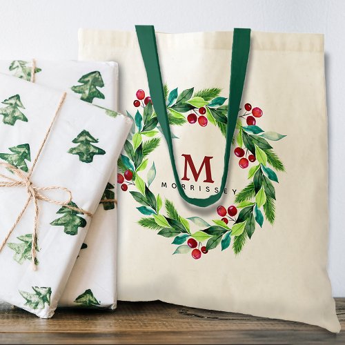 Watercolor Berries and Hollies Wreath Monogram Tote Bag