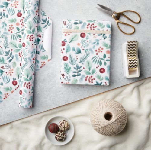 Watercolor berries and holly branches christmas  wrapping paper