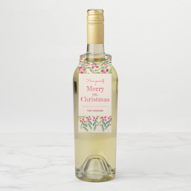 Watercolor Berries and Leaves Christmas Holiday Bottle Hanger Tag (On Bottle)