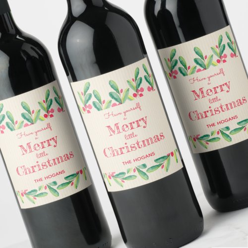 Watercolor Berries and Leaves Christmas Holiday Wine Label