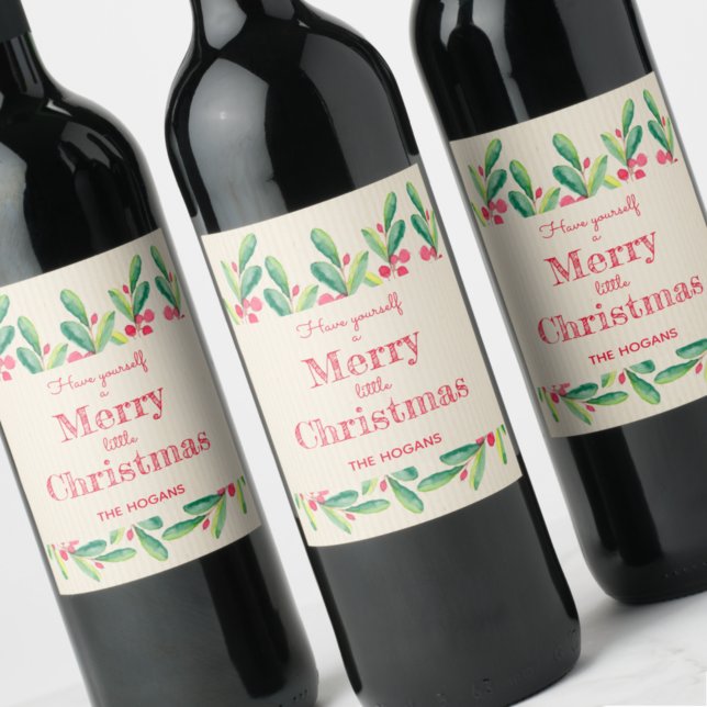 Watercolor Berries and Leaves Christmas Holiday Wine Label (Creator Uploaded)