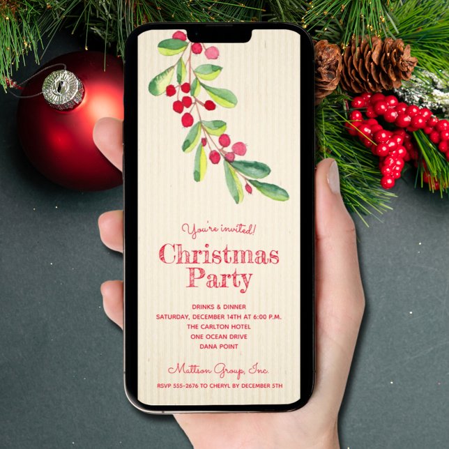 Watercolor Berries and Leaves Christmas Invitation (Watercolor Berries and Leaves Christmas Invitations - INSTANT DOWNLOAD and/or PRINTED)