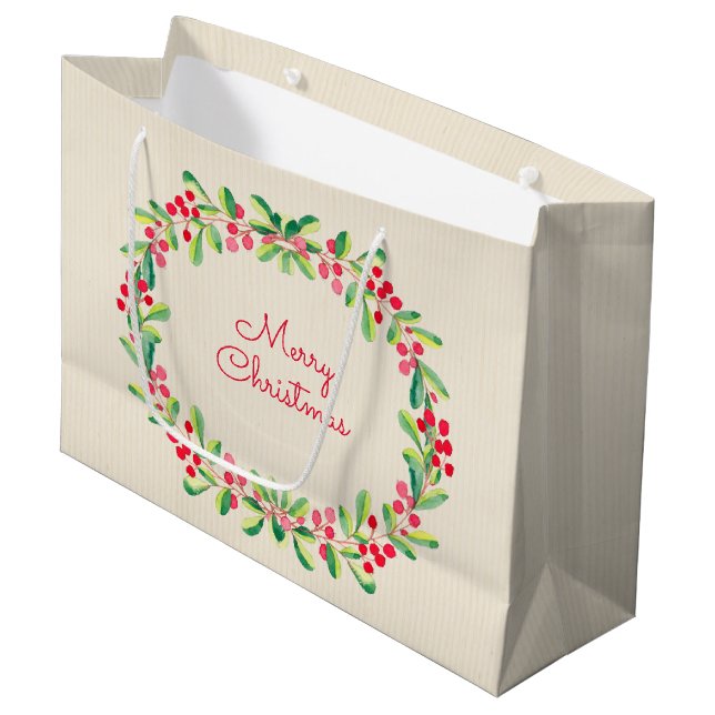 Watercolor Berries and Leaves Holiday Christmas Large Gift Bag (Front Angled)