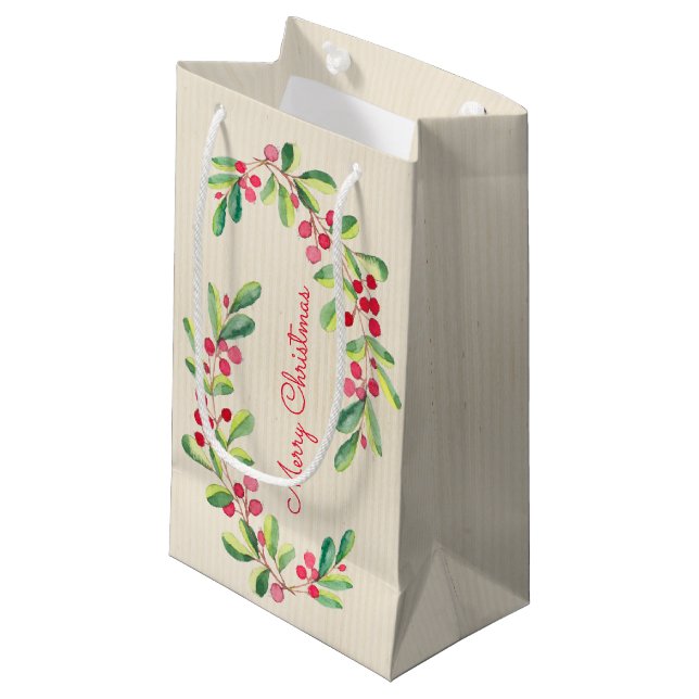 Watercolor Berries and Leaves Holiday Christmas Small Gift Bag (Front Angled)