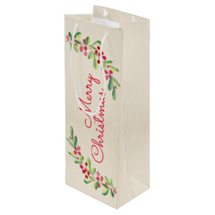 Watercolor Berries and Leaves Holiday Christmas Wine Gift Bag