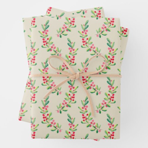 Watercolor Berries and Leaves Holiday Christmas Wrapping Paper Sheets