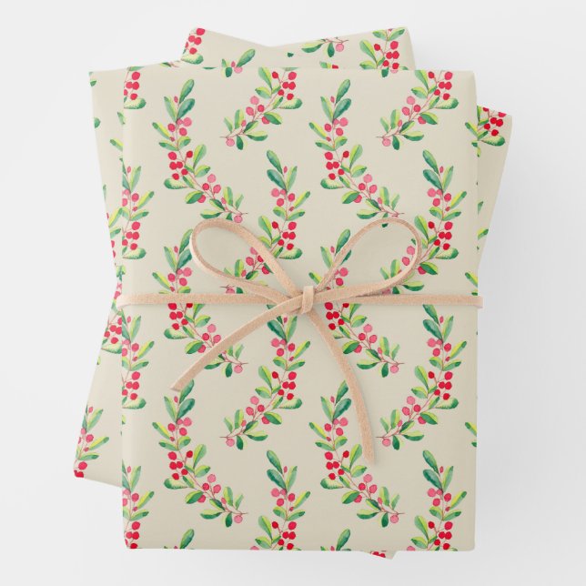 Watercolor Berries and Leaves Holiday Christmas Wrapping Paper Sheets (In situ)