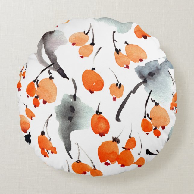 Watercolor berries and leaves illustration pattern round pillow (Front)