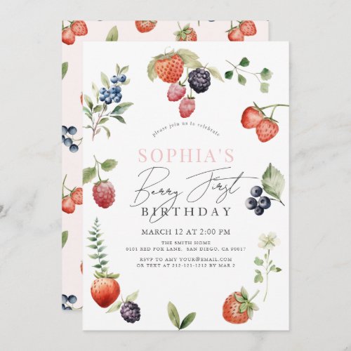 Watercolor Berries Berry First Girl 1st Birthday Invitation