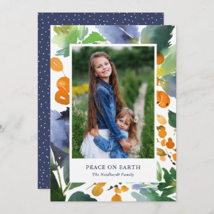 Watercolor Berries Christmas Floral Orange Photo Holiday Card