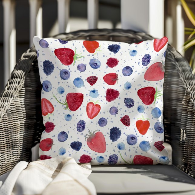 Watercolor Berries Colorful Summer Fruit Outdoor Pillow (Creator Uploaded)