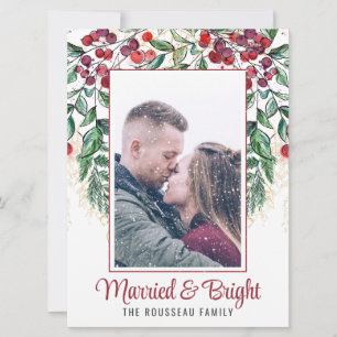 Watercolor Berries Evergreen Married and Bright Holiday Card