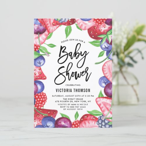Watercolor Berries Frame Summer Baby Shower Invitation
