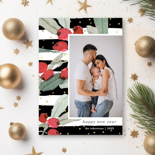 Watercolor Berries Gold Black New Years Photos Holiday Card
