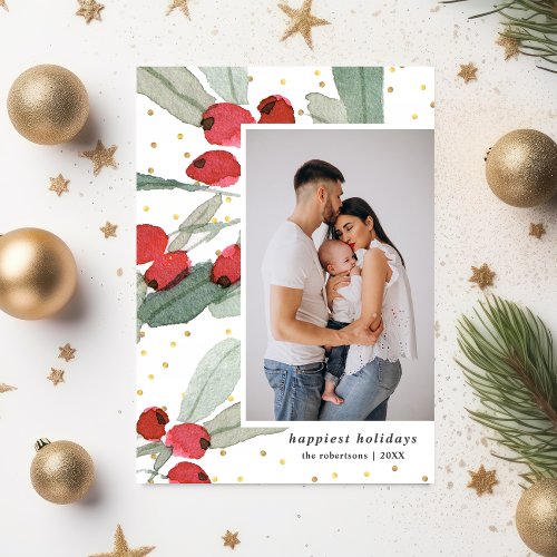 Watercolor Berries Gold Dots Photos Happiest Holiday Card