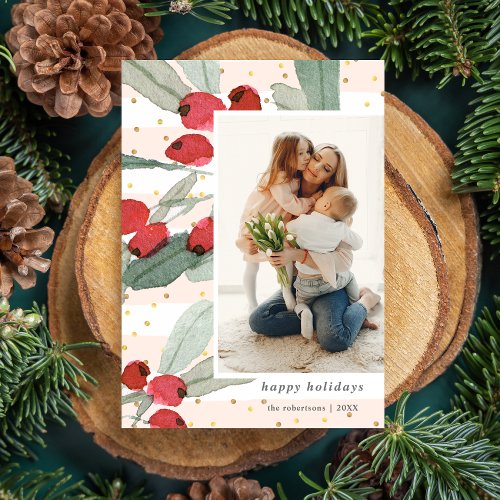 Watercolor Berries Gold Pink Stripes Modern Photos Holiday Card