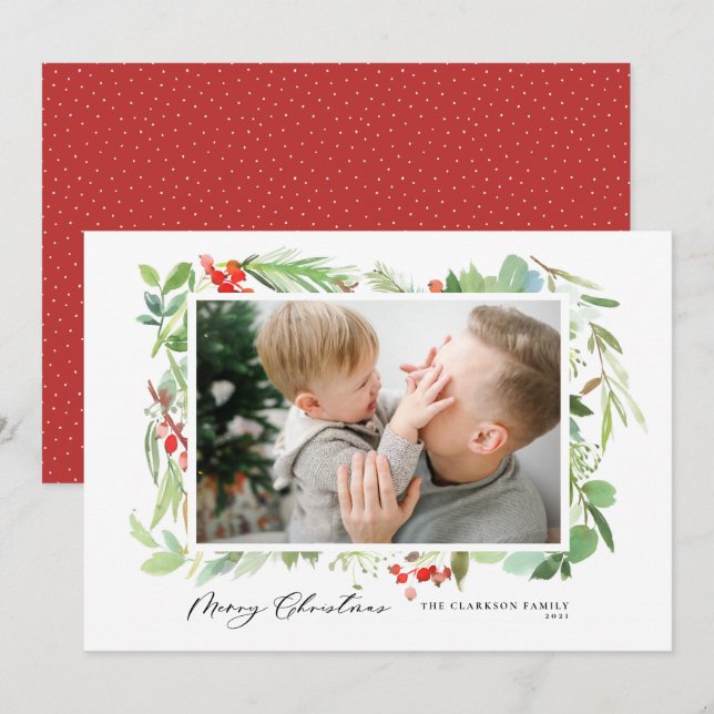 Watercolor Berries Greenery Frame Merry Christmas Holiday Card (Front/Back)