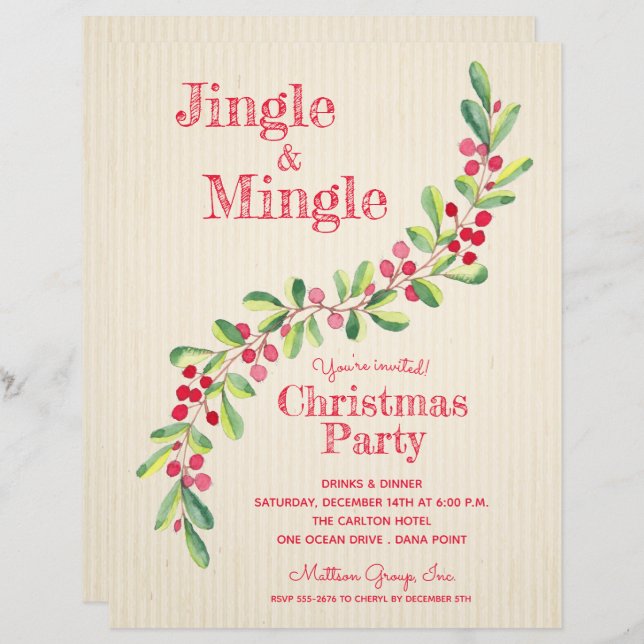 Watercolor Berries Greenery Swag Christmas Invite (Front/Back)